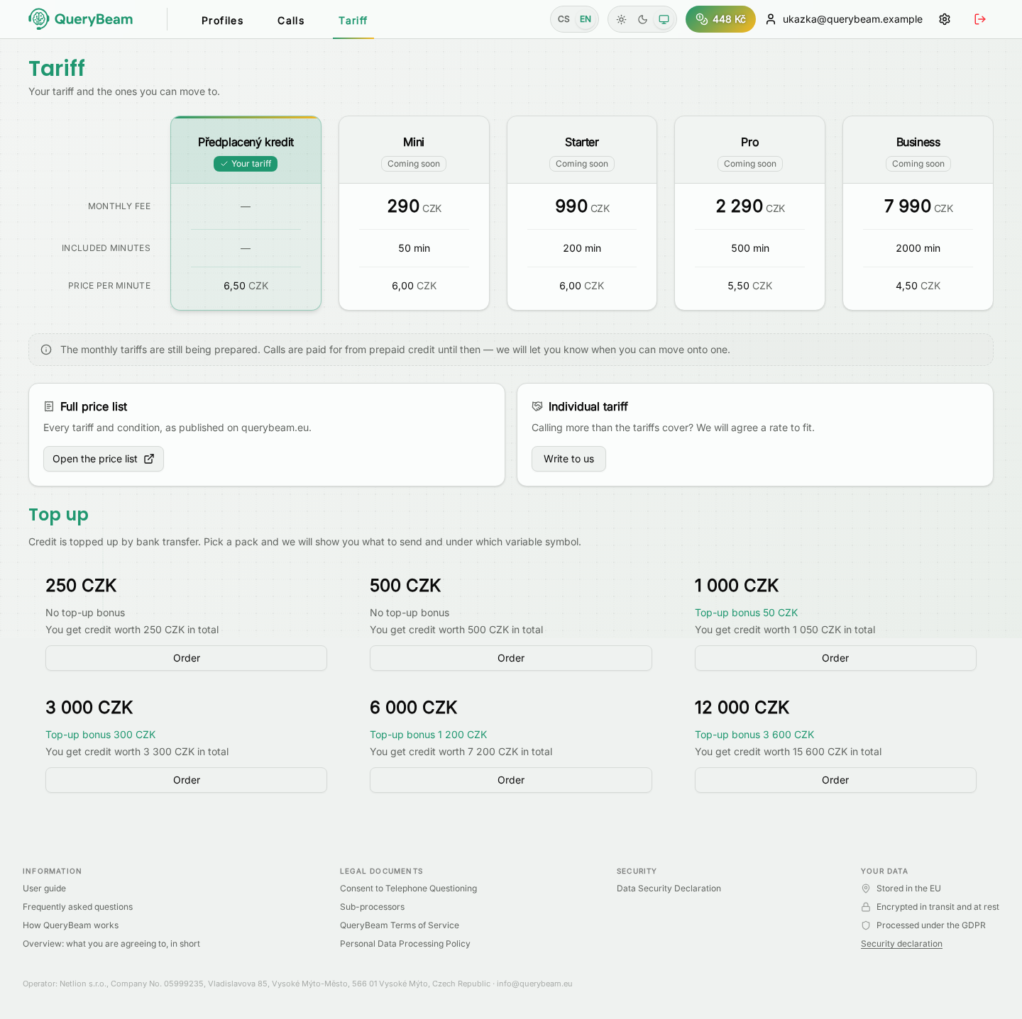 The tariff page with the credit packs