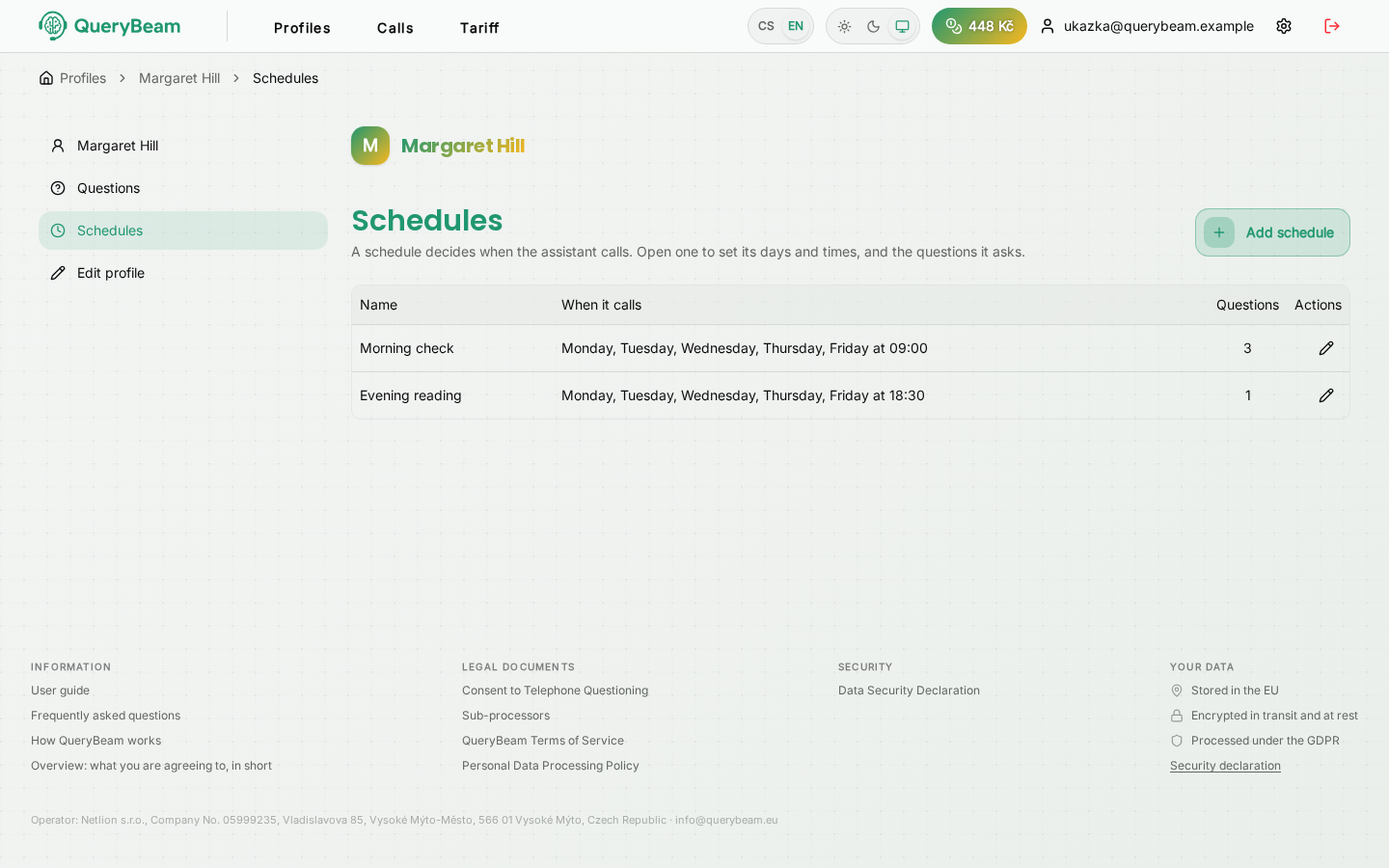 The profile's list of schedules