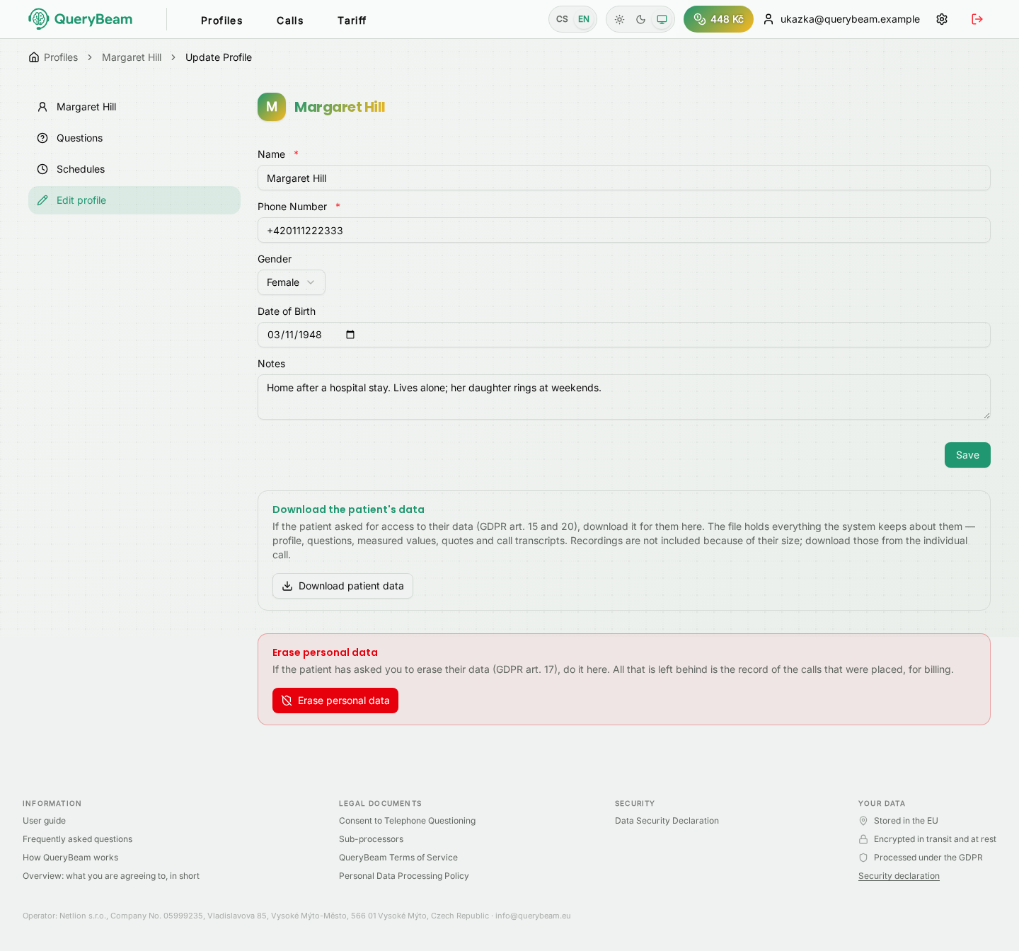 Editing a profile, with the data download and erasure